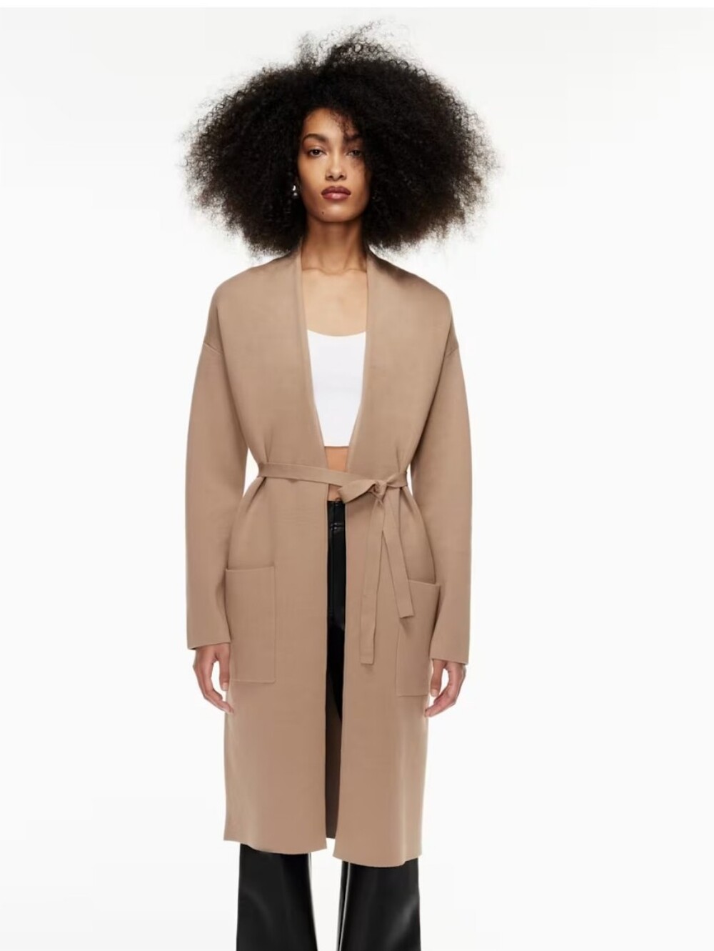 Aritzia BABATON TY Robe Cardigan Sweater Open Front Long Line Belted CAMEL TAN